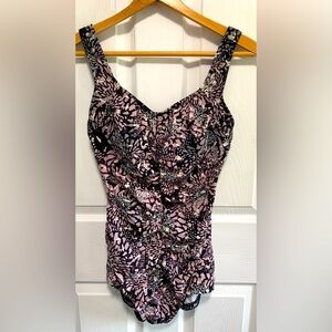 Azul Floral One Piece Swimsuit Ruched Bust Sweetheart Neckline Size 12 pool